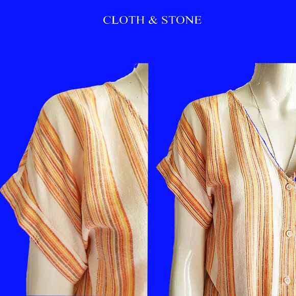 CLOTH & STONE NEW Linen Stripe V-Neck Tie Cuff Sleeve Crop Top M - Picture 7 of 12